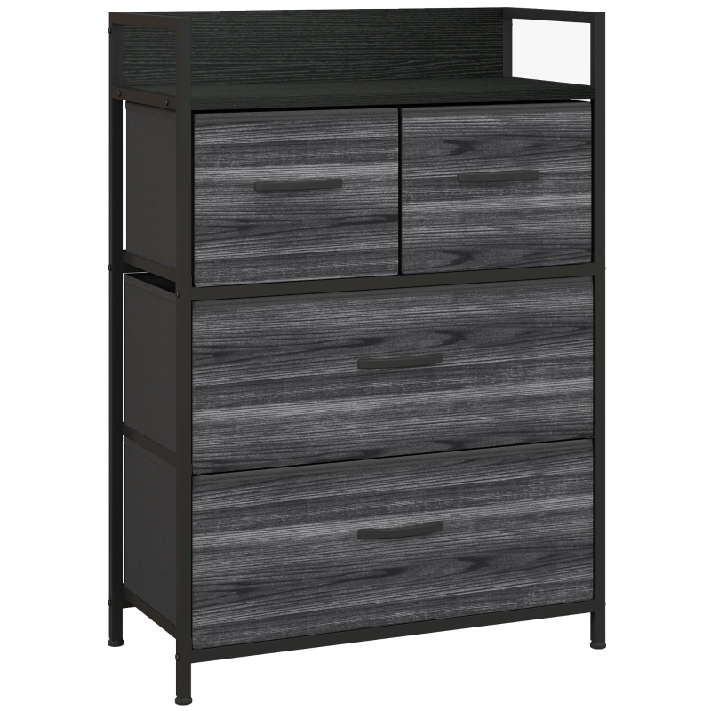 Kommode 4 Stoffschubladen Industrial, Schwarz, Stahl Stoff, 60x29x85 Cm