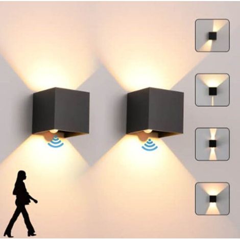 2-teiliges Led-wandleuchten-set Mit Bewegungsmelder, 12 W, Wasserdicht Ip65 Für Den Außenbereich, Warmweißes Licht, Schwarze Oberfläche