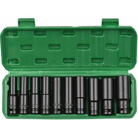 1/2-zoll-sechskant-schlagnuss-satz, 10-teilig, Tiefe Metrische Nüsse Von 10 Bis 24 Mm Aus Kohlenstoffstahl Mit Stabilem Aufbewahrungskoffer, Modell: Schwarz