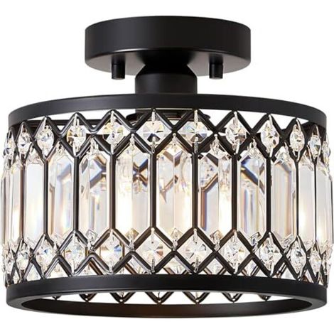 Lustre En Cristal, Plafonnier Noir Avec Abat-jour En Cristal, Douille E27, Lampe Moderne Pour Salon, Chambre, Cuisine, Couloir, Salle À Manger (1 Lumière)