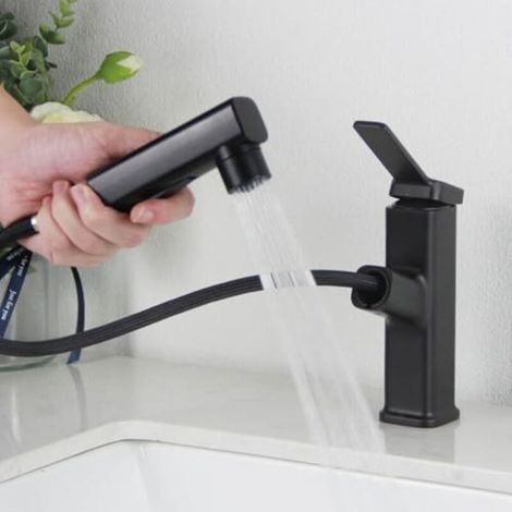 Erweiterbarer Badezimmernarmatur, Hochdruck-waschbeckenarmatur Mit Ausziehbarer Brause, Badezimmernarmatur Mit 3 Strahlarten, Einhebelmischer Für Waschbecken, Schwarz
