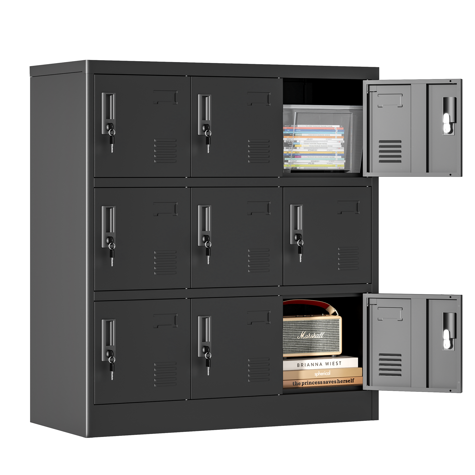 9-türiger Metall-schrank Schwarz 90x40x100cm Mit Schloss Und Schlüsseln Spindel Büro