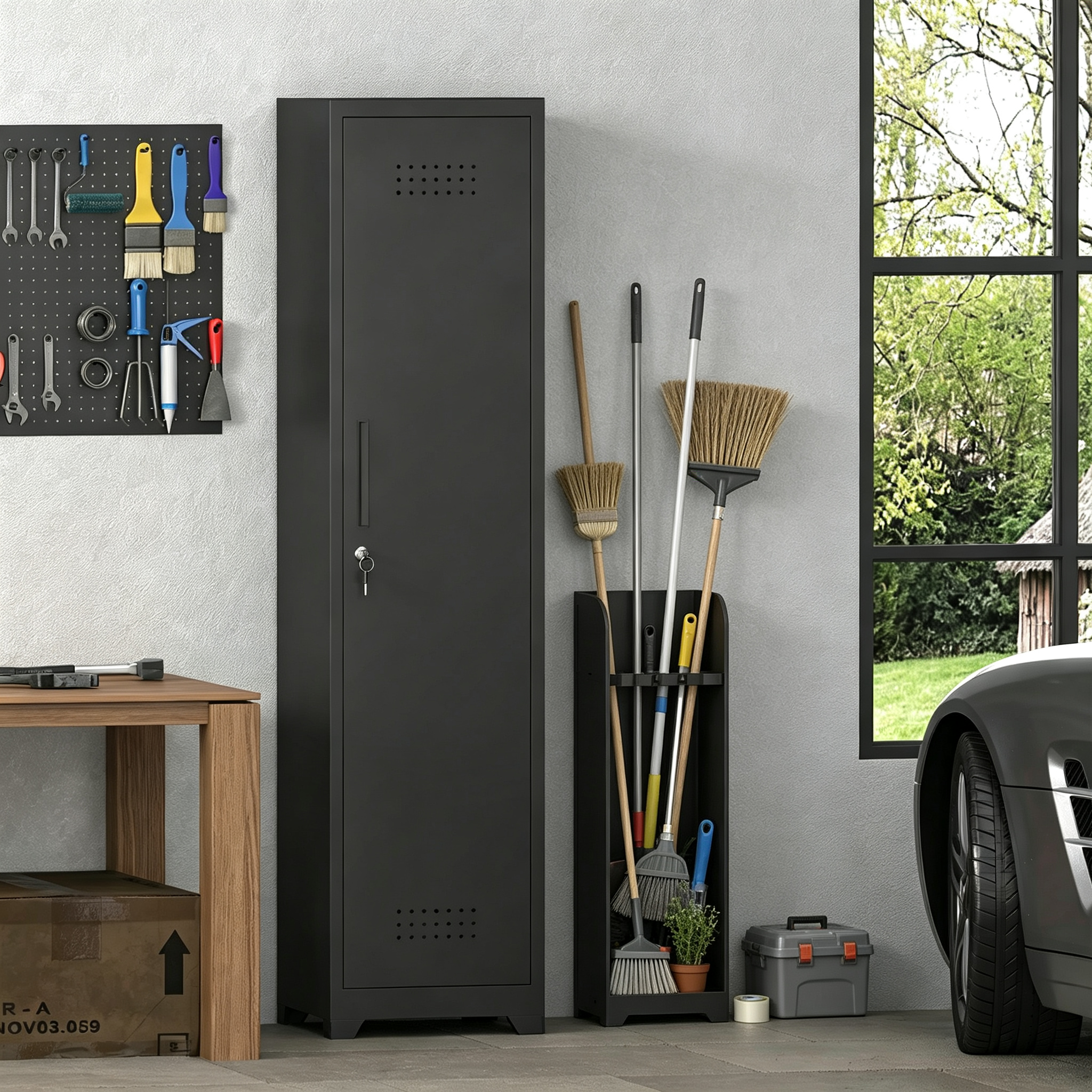 Reinigungsmittelschrank Metall Mit Tür Und Stange Schmal Hochschrank Schwarz 40x40x165 Cm