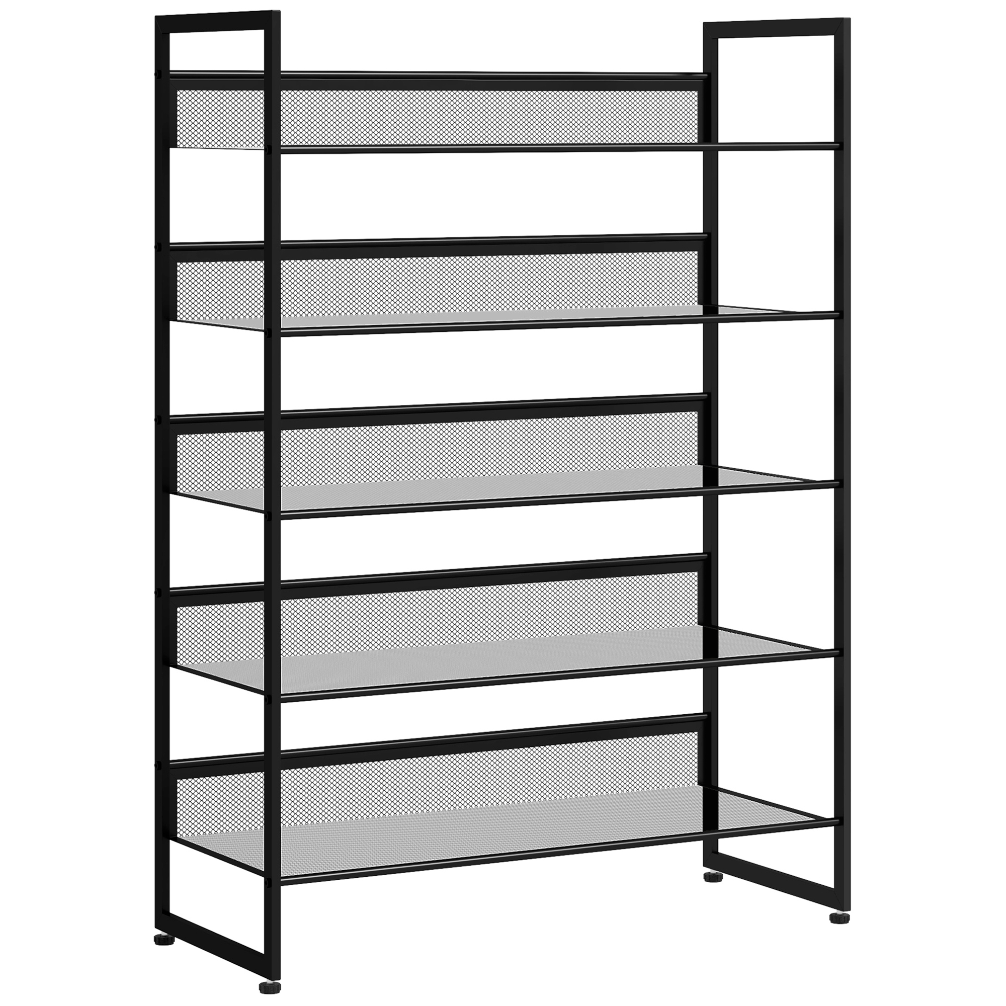 Schmales Schuhregal 5-stufig 72x30x102cm, Stahlrahmen, Belüftete Böden, Schwarz