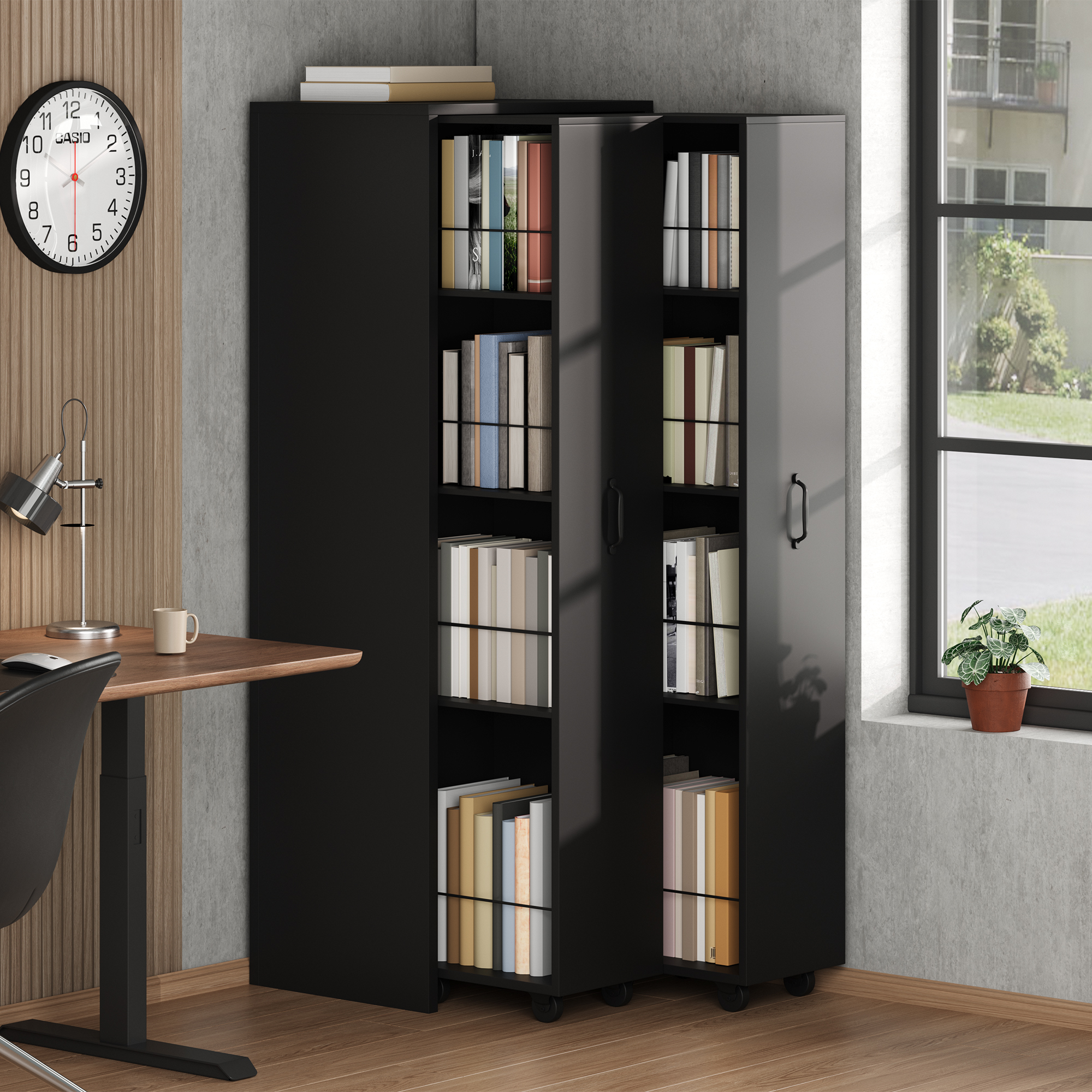 Ausziehbares Bücherregal Auf Rollen 4 Ebenen Mdf Schwarz 20kg Pro Fach Bad Küche Wohnzimmer 51x41x158cm