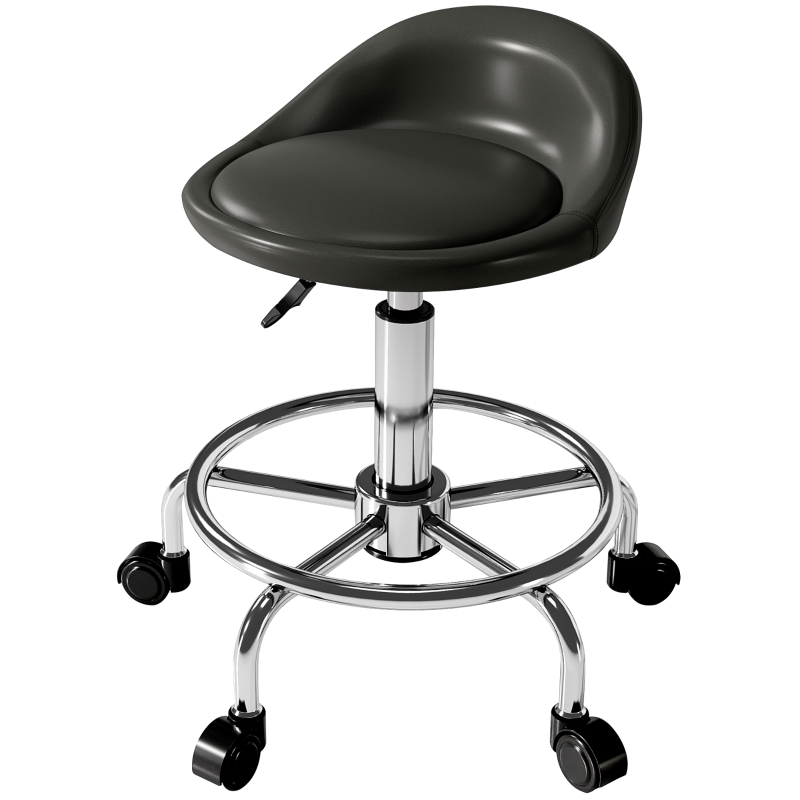 Rollhocker Schwarz Kunstleder Rückenlehne 43x43x59-75 Cm Arbeitshocker 360°