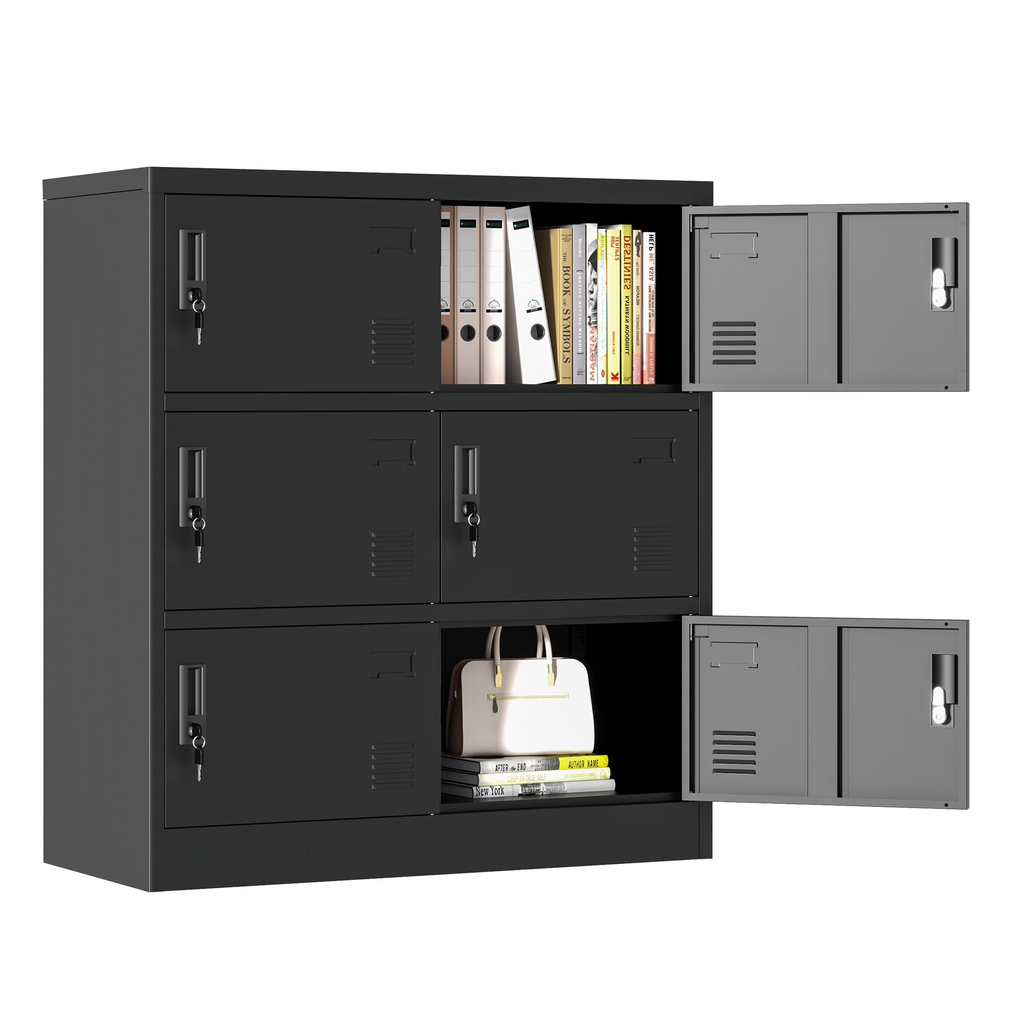 Spielschrank Schwarz Metall 6 Türen 90x40x100 Cm Schliessfach Mit Schloss