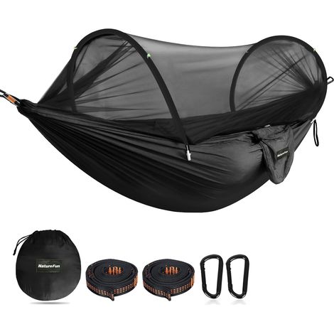 Hamac De Camping Ultraléger Naturefun Avec Moustiquaire Capacité De Charge 300 Kg, Nylon Parachute Respirant Et Séchage Rapide 2 Mousquetons Premium, 2 Sangles En Nylon, Noir