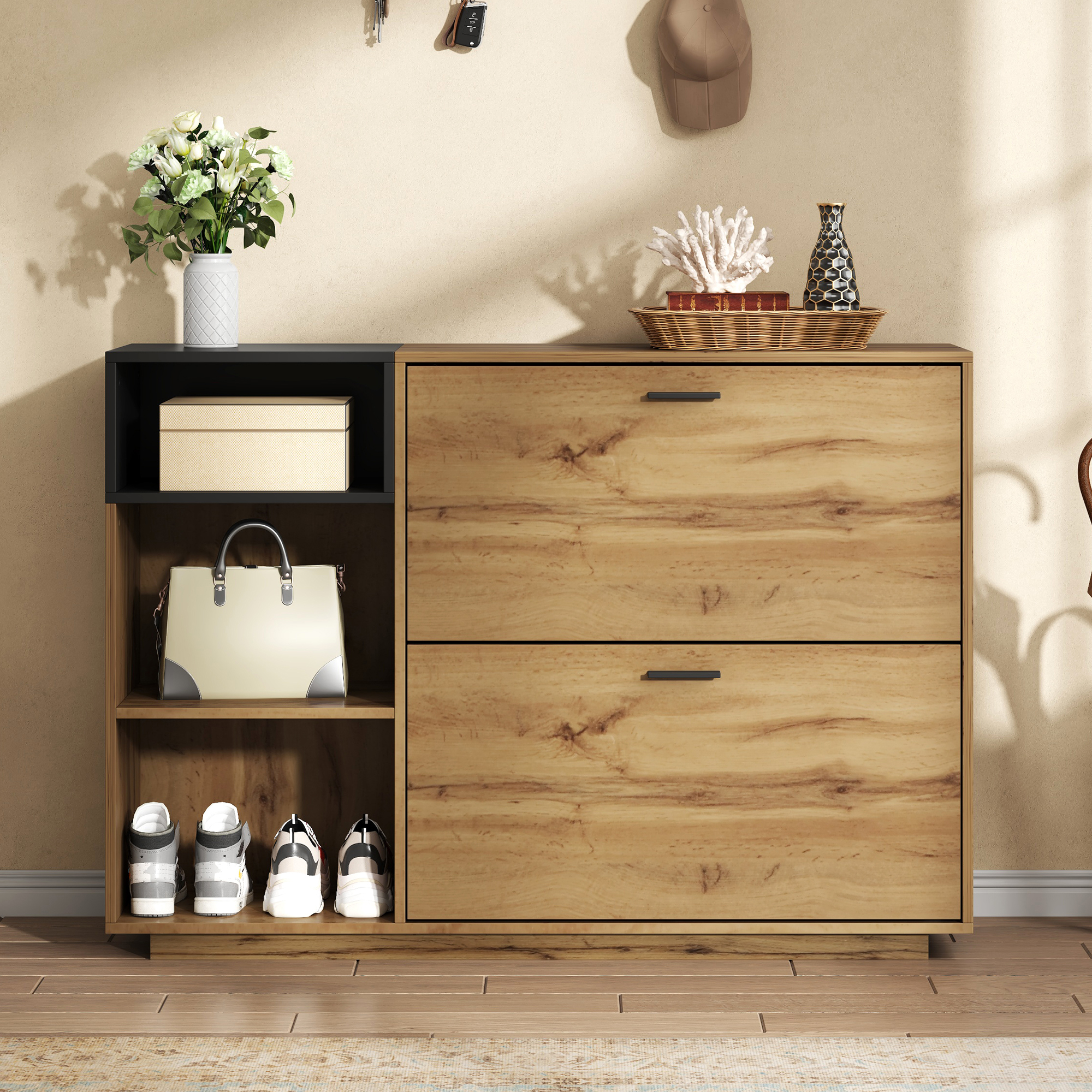 Schuhschrank 120x32x84, 5cm Aus Mdf, Naturholzfarbe + Schwarz