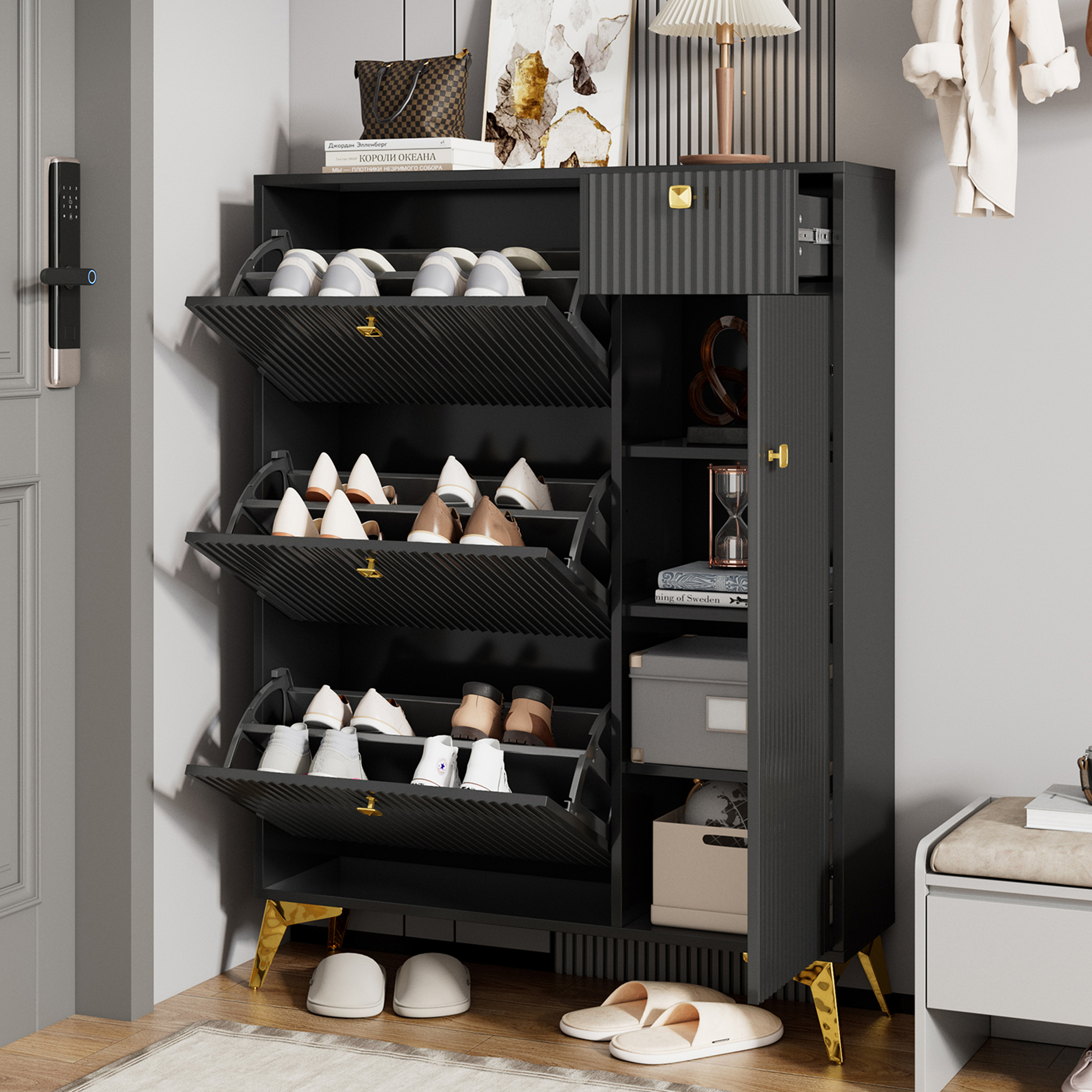 Schuhschrank Mit 3 Klappen, 1 Schublade Und 1 Tür, Schuhregal, Schuhkipper Schmal