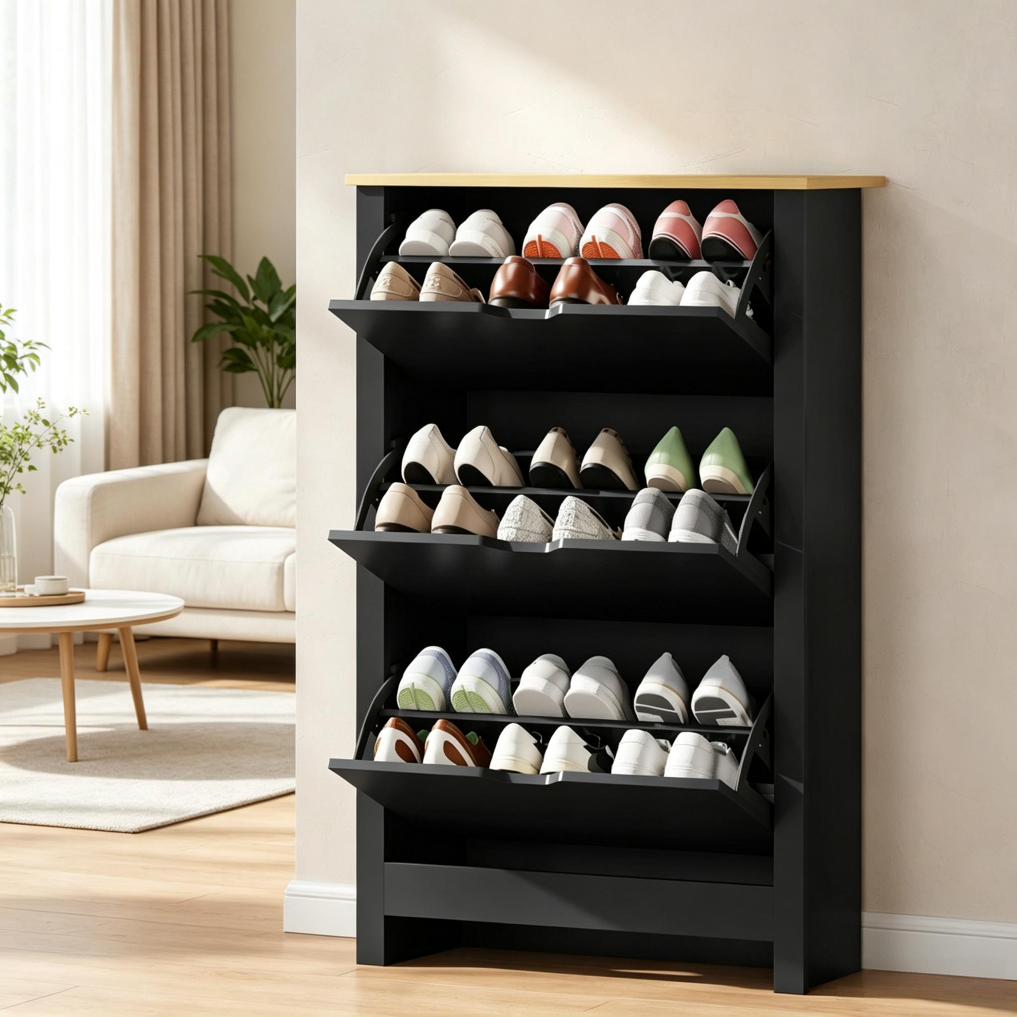 Schuhschrank 3 Türen Mit Fächern, Schwarz Eiche, Spanplatte, 72x26x112 Cm
