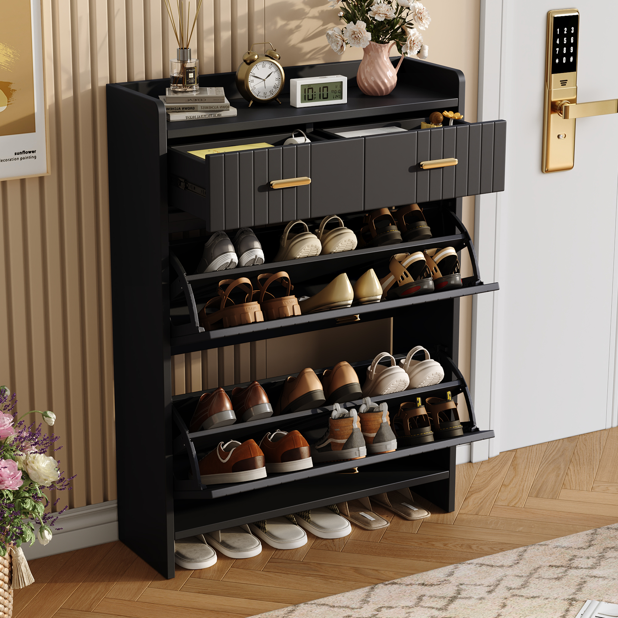 Schuhschrank Mit Klappfächern Und 2 Schublade, 75 × 24 × 108, Schwarz