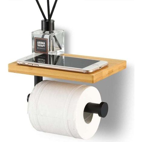 Wandmontierter Toilettenpapierhalter Aus Mattem Schwarz Mit Bambusablage, Sus304 Edelstahl-badewagen, Ohne Bohren
