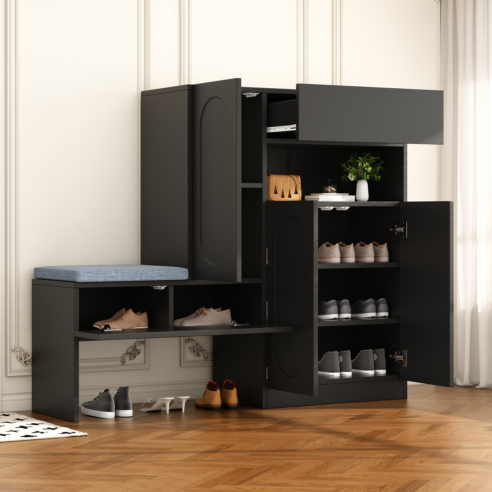 Trendiger 2-in-1 Schuhschrank Mit Gewölbten Türen – Klapptür Mit Soft-close-funktion, 130×35×110cm, Schwarz
