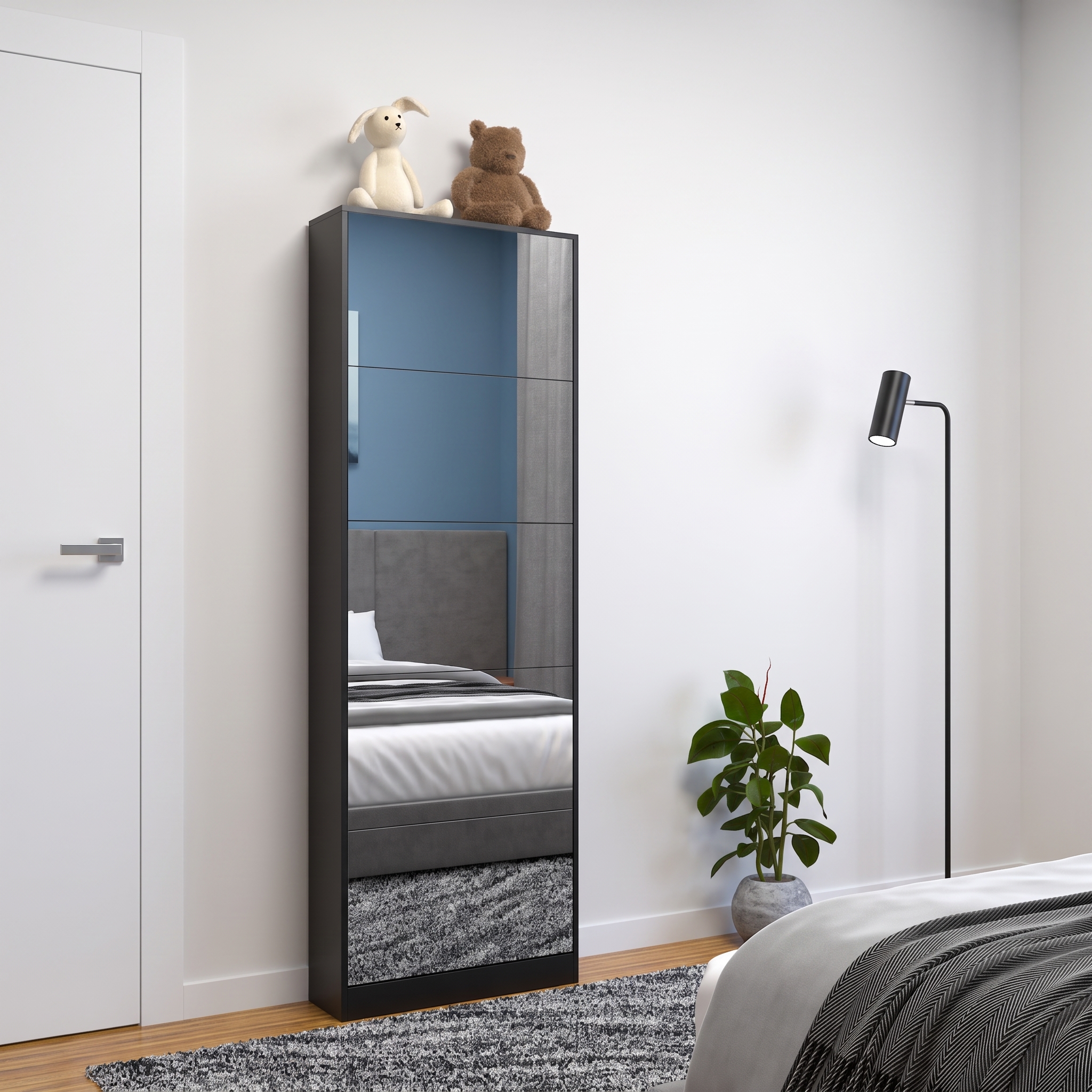 Schuhschrank Mit Vollspiegel 5 Klappen, Schwarz, Mdf, 63x19,6x185 Cm