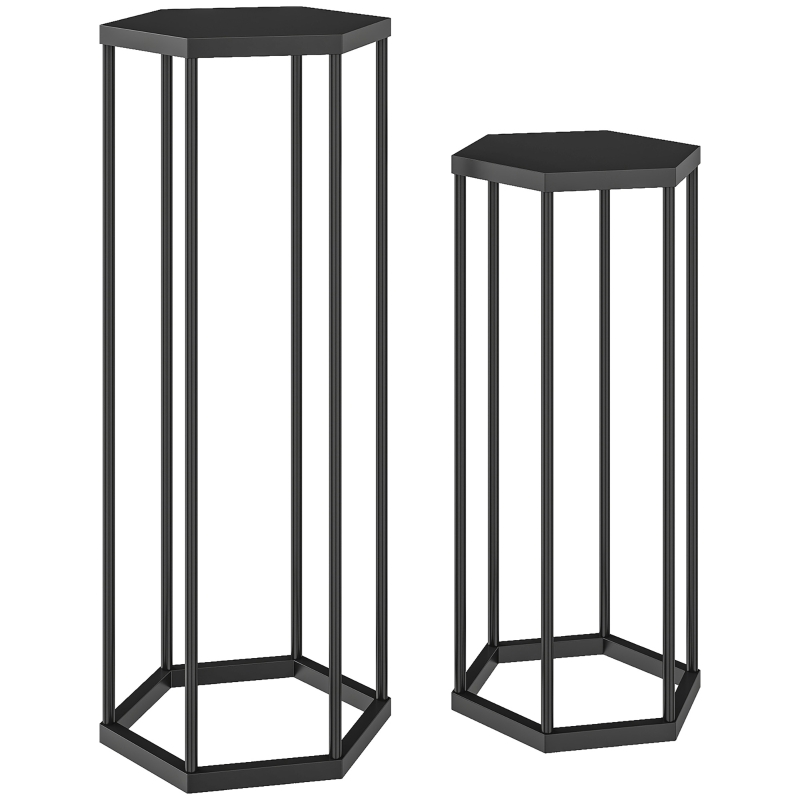 2er-pflanzständer Innen/außen, Hexagonale Metall-blumenständer, 75 & 60 Cm, Bis 30 Kg, Schwarz