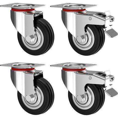 4er-set Schwenkbare Rollen 75 Mm Mit Bremse - Möbelrollen Bis Zu 50 Kg Pro Rolle - Schwerlast - Gummi Für Innen- Und Außenbereich - Industrielle Räder