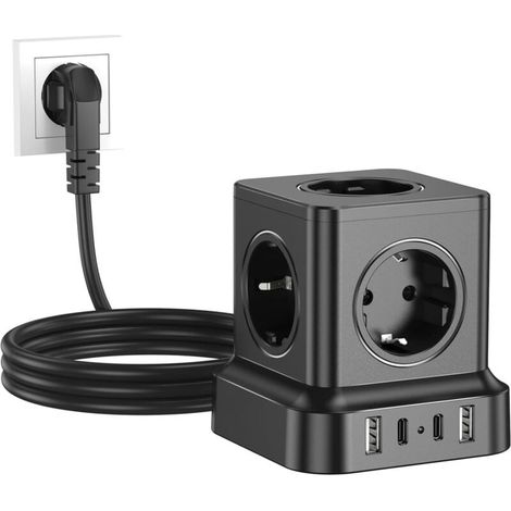 Multiprise-würfel Mit Usb, 5 Steckdosen Mit 2x Usb-c Und 2x Usb-a, 9-in-1 Steckdosenwürfel Mit Schalter, Verlängerungskabel 1,8 M, Für Büro Und Zuhause, Schwarz