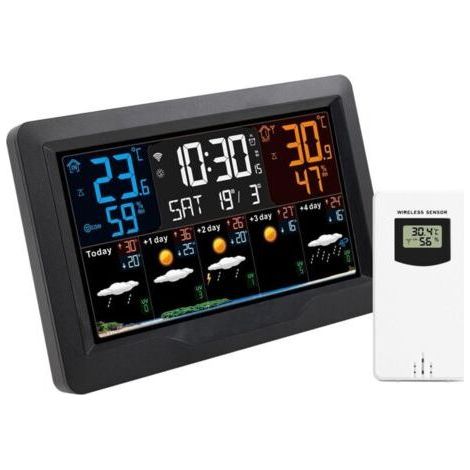 Wetterstation Mit Funkübertragung Und 1 Innen-/außensensor, Lcd-display Mit 4 Einstellbaren Hintergrundbeleuchtungen, Wetterradio Mit Uhrzeit, Wettervorhersage, Barometer Und Wecker