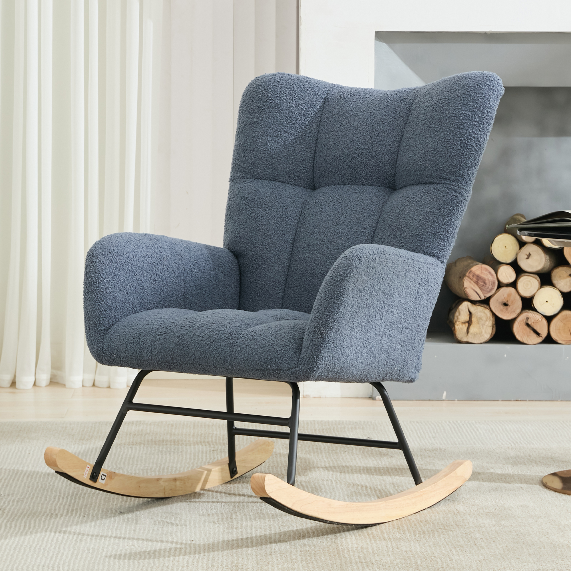 Schaukelstuhl Teddy-stoff Mit Tasche, Ohrensessel-style, Massivholzsockel, 65x77x90 Cm, Navy