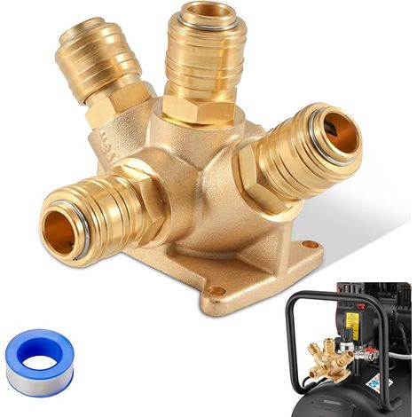 Druckluftverteiler G1/2" 4-fach Aus Messing: Wandmontierter Druckluftverteiler Mit 4 Schnellkupplungen Nw 7.2 Und 1 Stecknippel Für Kompressor, Druckluftwerkzeuge, Werkstatt