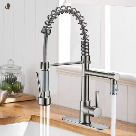 Küchenarmatur Mit 2 Strahlarten, Feder-rückstellung Einhebelmischer Für Küche, 360° Drehbarer Küchen-einhebelmischer, Kalt- Und Warmwasser Verfügbar, Gebürstet.