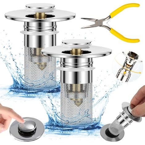 2er Set Waschbeckenablassfilter - 34 Bis 40 Mm - Universal - Pop Up - Mit Haarsieb - Für Badewannenstopfen, Aufsatzwaschbecken