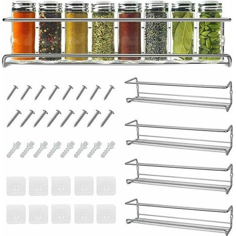 Wand-würzregal Aus Metall, 4er-set, Selbstklebende Gewürzhalterung Für Die Küche Ohne Bohren, Ideal Als Gewürzträger Für Schrank, Wand Und Kühlschrank, Würzorganisator, 29x6x6,5cm, Silber