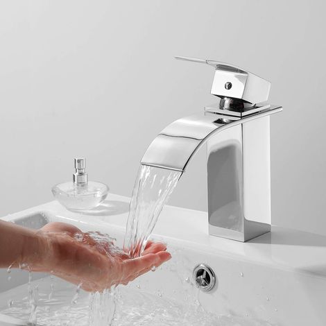 Groofoo Waschbeckenarmatur Mit Kaskadenwasserfall, Badarmatur Mit Kalt- Und Warmwasseranschluss, Chromfarbener Messing-waschtischmischer