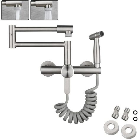 Wandmontierter Küchenarmatur Aus Lebensmittelechtem Edelstahl 304, Mit Ausziehbrause Und Zwei Wasserstrahlarten, Schwenkbarer Mischbatterie (13–17 Cm)