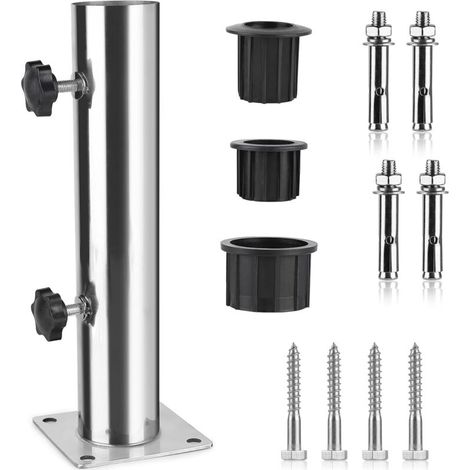 Tube Parasol, Pied De Parasol, Support Parasol En Acier Inoxydable Réglable Avec 3 Anneaux De Réduction En Pvc (32/38/48mm), Pied Pour Parasol Avec 8 Clous En Acier