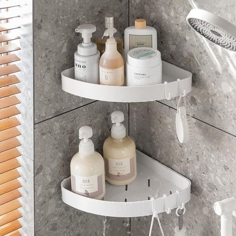Eckduschregal, Eck-duschregal Mit 4 Haken, Weiß Ohne Bohren Accessoire, Badzimmer Aufbewahrung Und Organisation