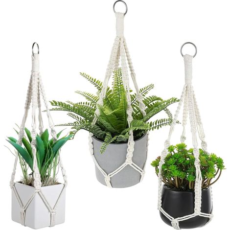 3-teiliges Makramee-halterung Für Blumentöpfe, Blumenampel Aus Baumwolle, Hängepflanzenhalter Für Innen- Und Außenbereich, Balkon, Gartendeko Im Boho-stil