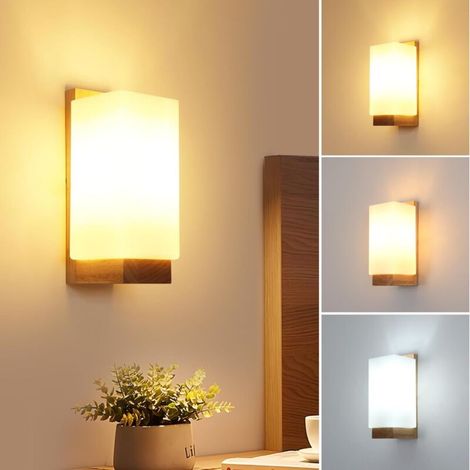 Wandleuchte Aus Eichenholz Und Glas – 1 Stück – Dreifarbige Beleuchtung (warm/neutral/kalt) Mit E27-fassung – Für Wohnzimmer, Schlafzimmer Oder Flur – Quadratisches Modell