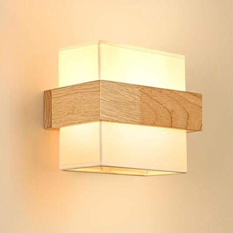 Wandlampe Aus Holz Im Vintage-stil Mit E27-fassung, Quadratischem Stoffschirm – Für Schlafzimmer, Flur Und Wohnzimmer – Einfache Installation, Leuchtmittel Nicht Enthalten