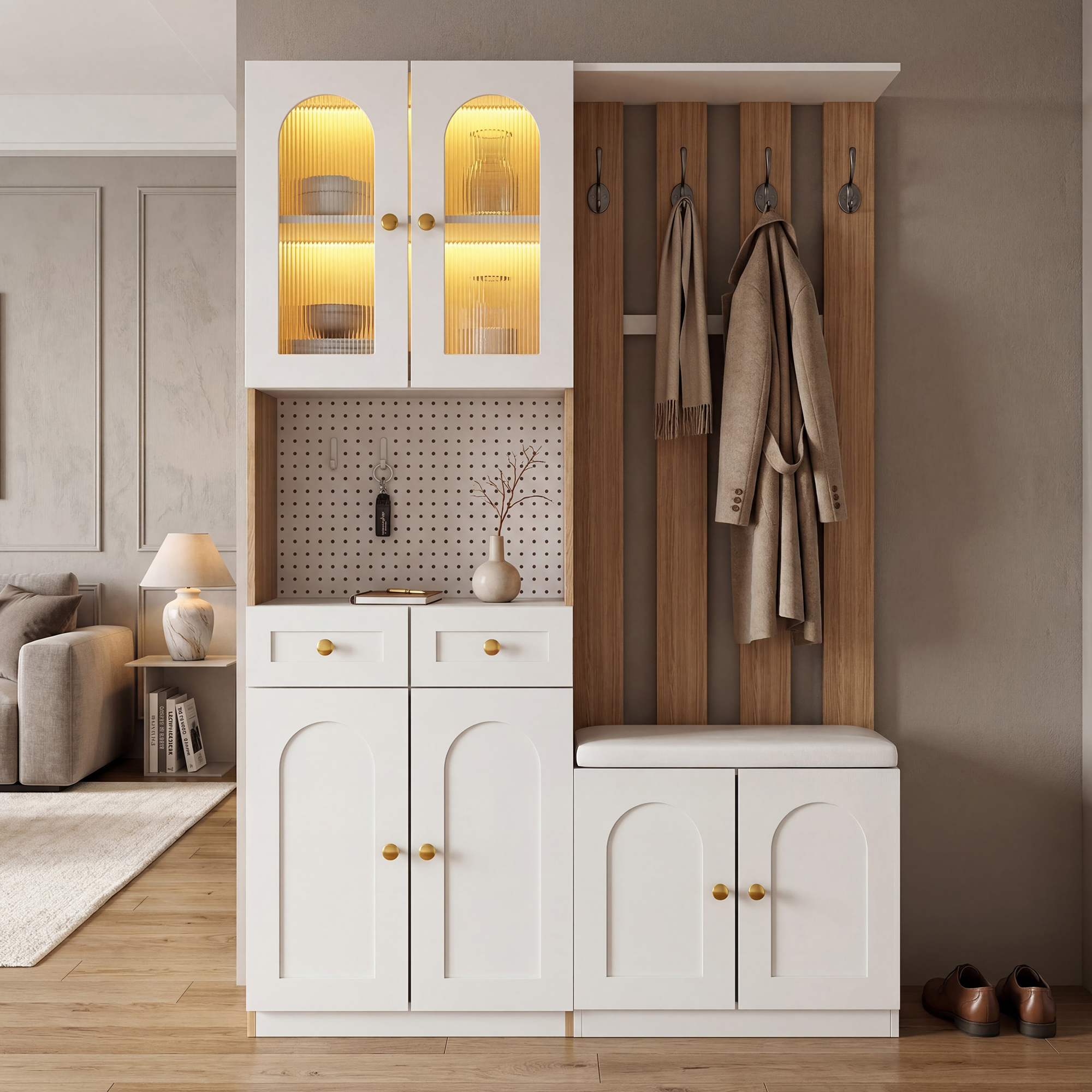Garderobenschrank Mit Sitzbank & Led-beleuchtung, Modernes Design In Weiß Und Eiche-h180/b120/t30 Cm.