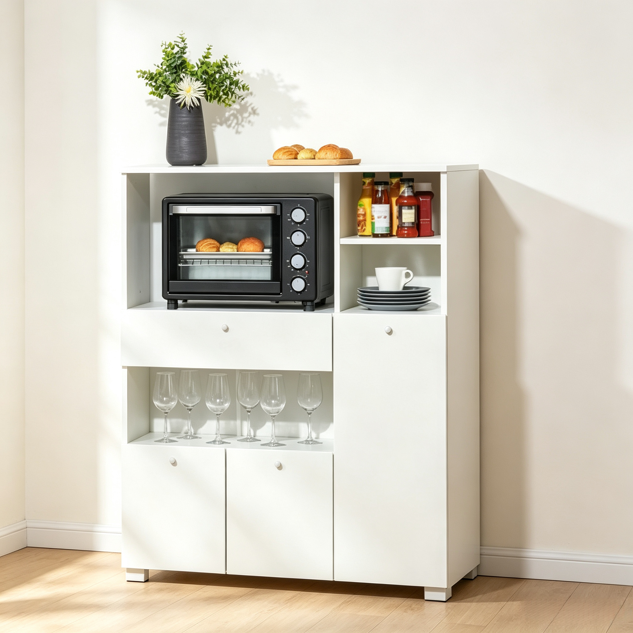 Küchenschrank Sideboard Mit Schublade Und Nischen, Weiß, Spanplatte Aluminium, 90x40x120 Cm