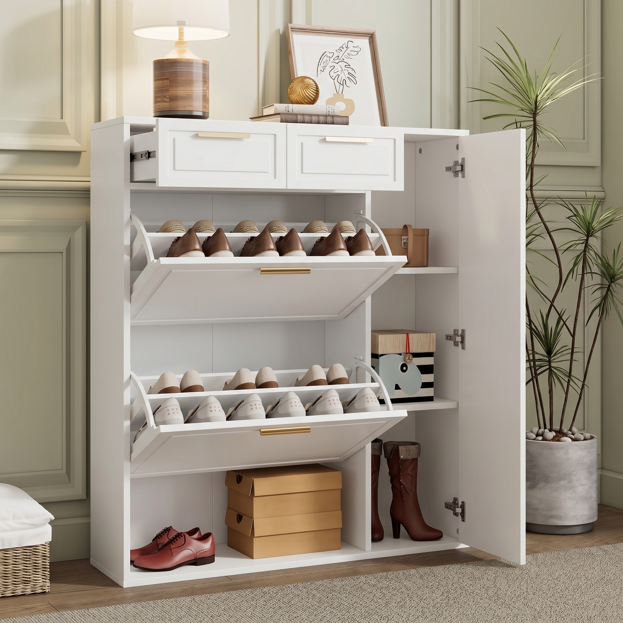 Moderne Schuhschrank, Mit Verstellbaren Regalen, Goldenen Griffen, Schubladen, Klappschuhschrank Und Türen, Weiß