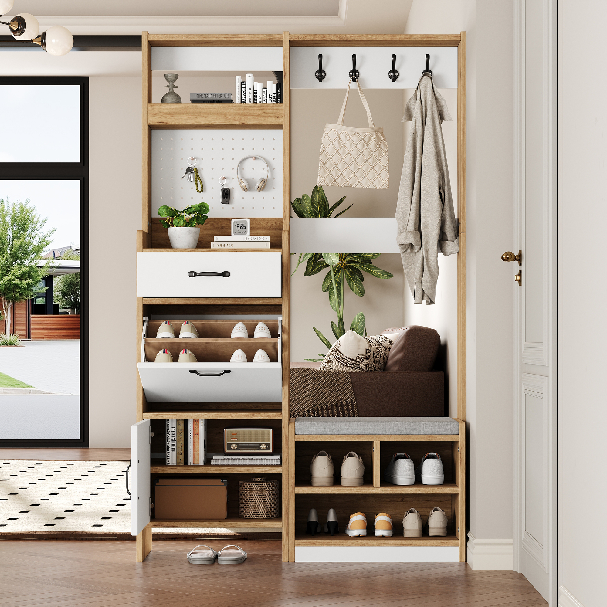 Moderner Flurschrank Mit Schuhschrank Und Sitzbank, Garderobe Mit Kleiderhaken, 1 Schublade