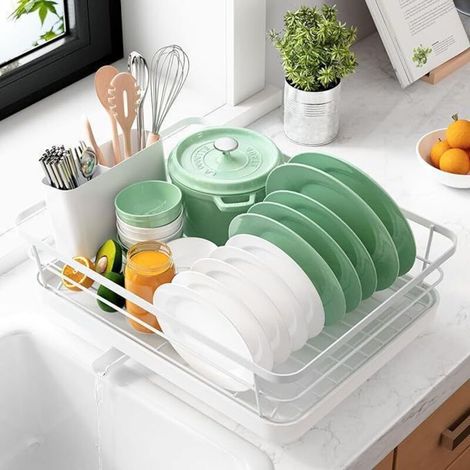 Geschirrabtropfer Für Die Küche – Kompakter Geschirr-abtropfständer Zur Platzersparnis, Geschirr-trockner Aus Edelstahl Mit Besteckhalter, 29,0 X 38,1 X 12,7 Cm, Weiß