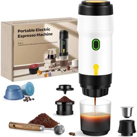 Tragbare 3-in-1-kaffeemaschine, 20 Bar, Extraktion Bei 92 °c, 7500-mah-akku, Laden Über Zigarettenanzünder Usb/12 V, Espressomaschine Für Kapseln Und Gemahlenen Kaffee (weiß)