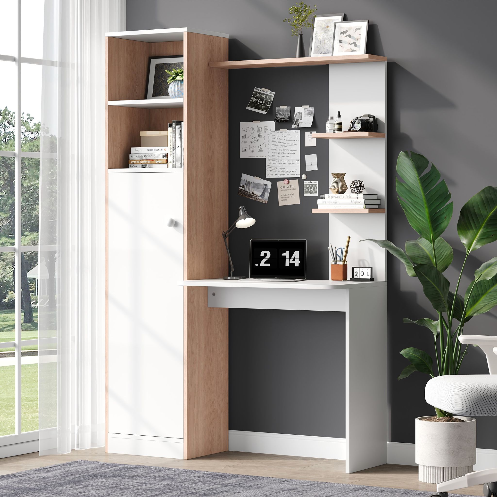 Arbeitstisch Mit Aufbewahrung 123,5x45x168,5cm Geschlossener Schrank Offene Regale Weiß Natur