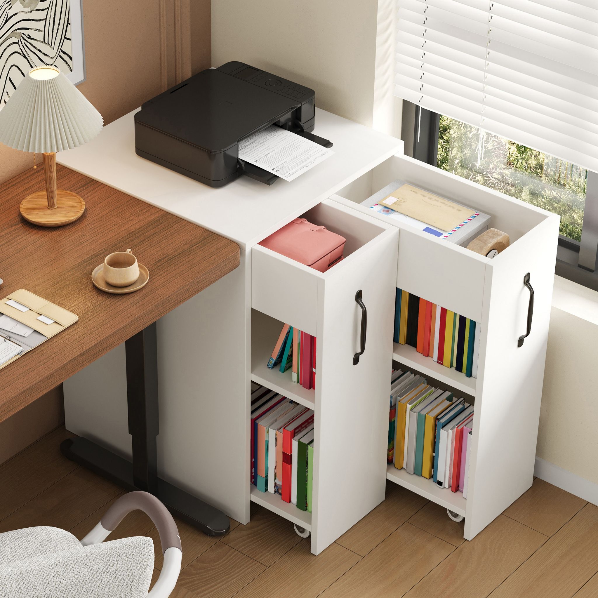 Kleines Bücherregal Auf Rollen 52x50x75cm Mit Schubladen Umkehrbar Nachttisch Weiß