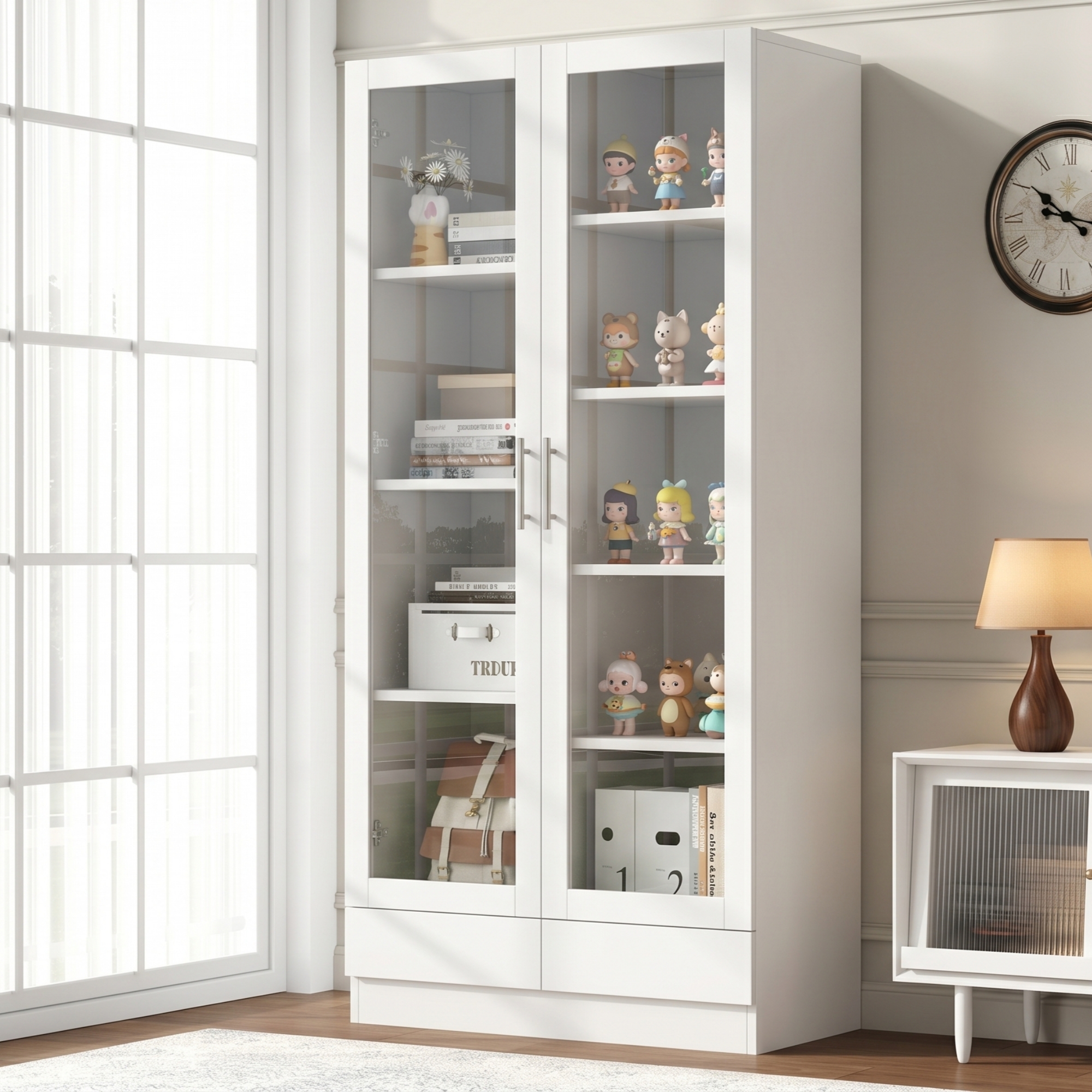 Glastürschrank Weiß Mdf 160cm Mit 2 Schubladen Büroschrank Vitrine Akten Hochschrank