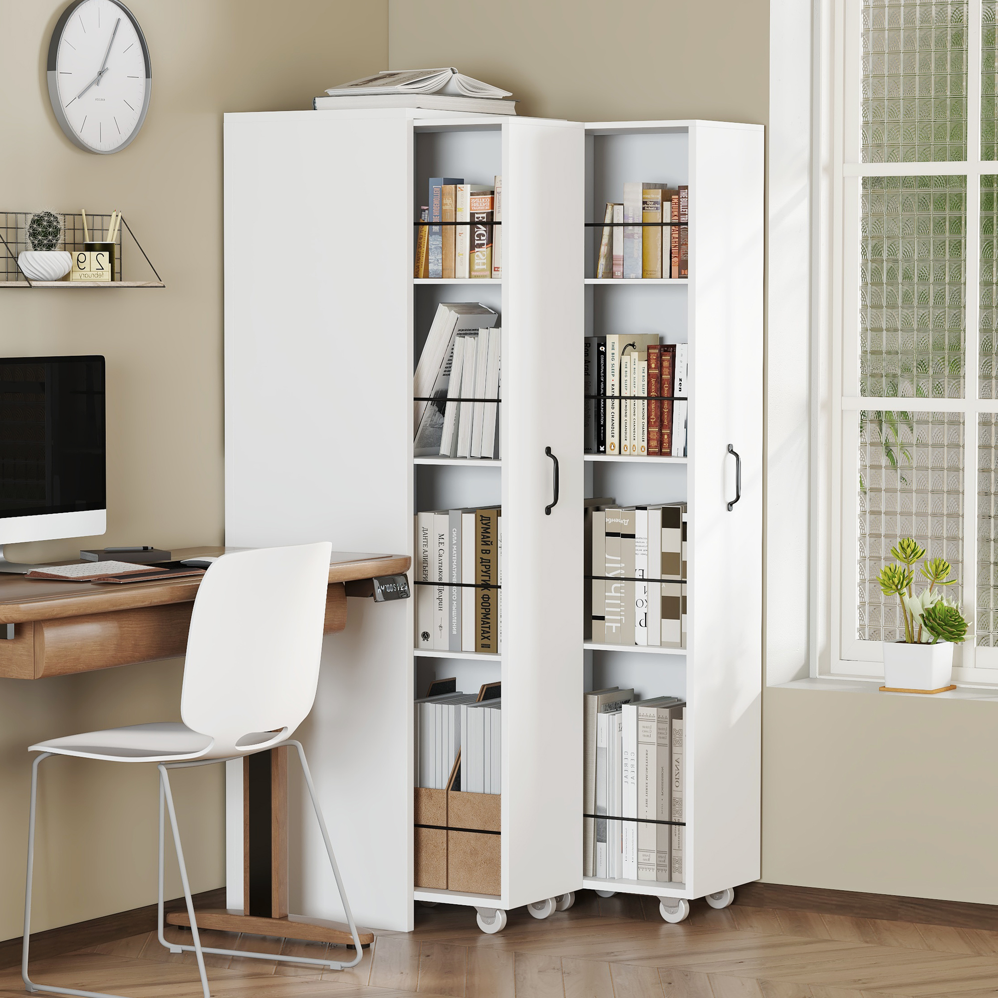 Ausziehbares Bücherregal Auf Rollen 4 Ebenen Mdf Weiß 20kg Pro Fach Bad Küche Wohnzimmer 51x41x158cm