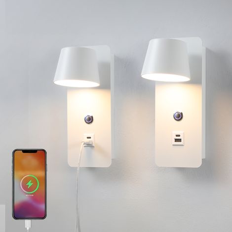 Set Aus 2 Led-leselampen Für Den Nachttisch Mit Usb-ladefunktion, Dimmbar Durch Berührung (7,5 W), Ideal Für Die Inneneinrichtung Von Hotels Und Zu Hause, Weiß