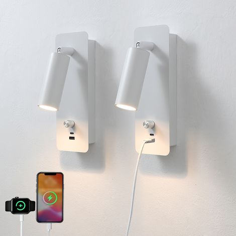 Set 2 Led-wandleuchten, 350° Drehbar, Helligkeit Einstellbar, Mit Usb-typ-c-anschluss, 8w 3000k, Nachttischlampe Im Minimalistischen Stil, Schlafzimmerdeko, Weiß