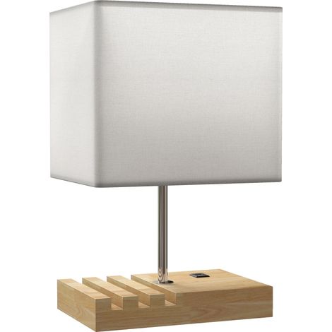 Nachttischlampe Aus Holz Und Stoff Mit Usb-anschlüssen, Kippschalter Und Aufbewahrungsfächern, Farbe Weiß