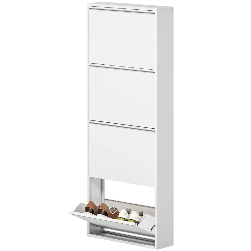 Schmaler Metall-schuhschrank Mit 4 Klappen, Wandmontage, Für 8 Paar Schuhe, Weiß, 55×15×139,5 Cm