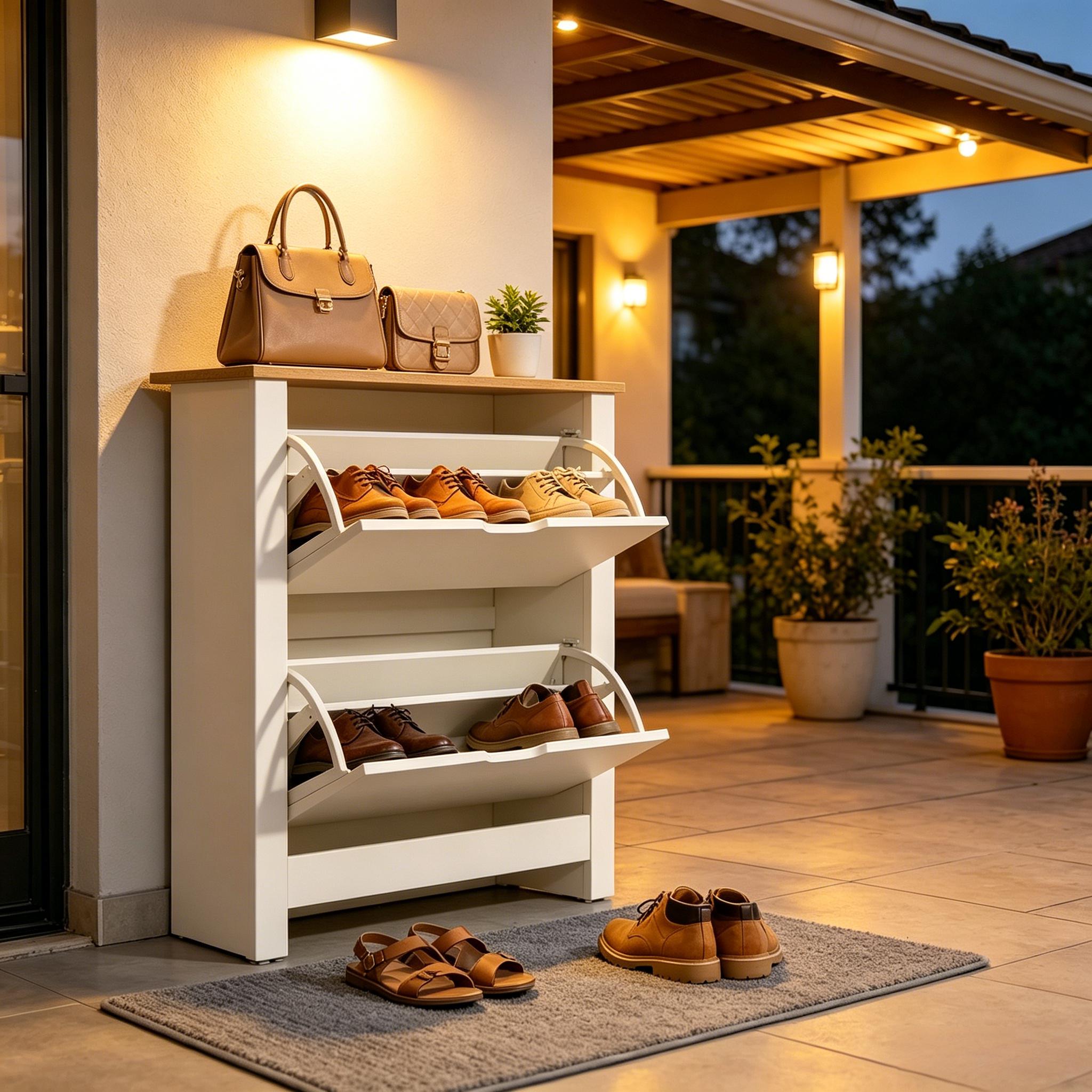 Schmaler Schuhschrank Mit 2 Klapptüren, Flurschrank, Eiche Weiß, 72x26x80 Cm, Anti-kipp